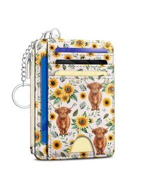 Highland Cow Sunflower Floral RFID Womens Slim Wallet Card Holder Coin Purse